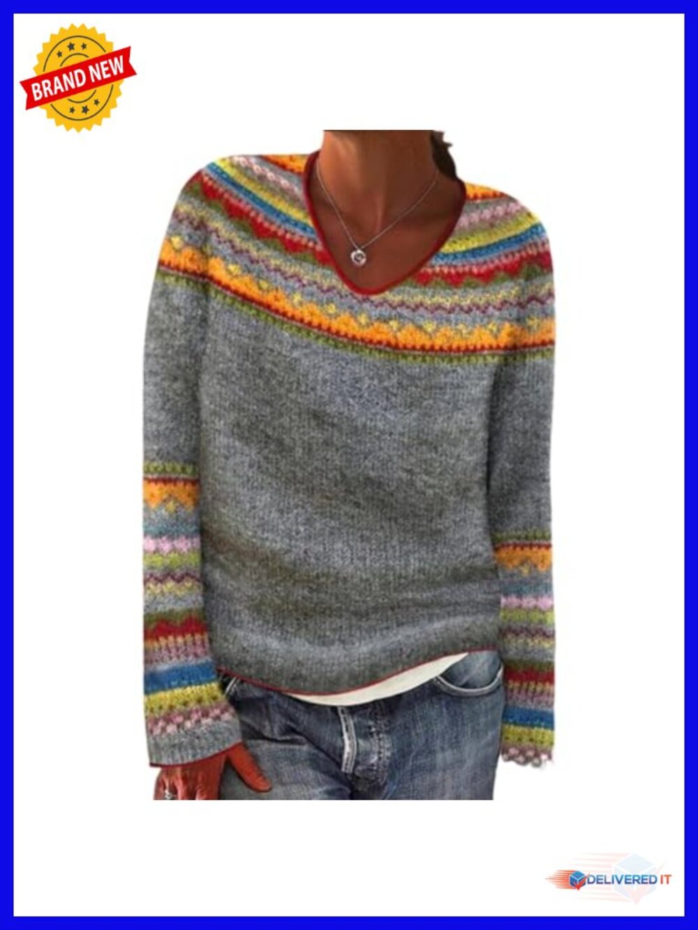 Fair Isle Print Knitted Oversized Pullover Sweater Lightweight